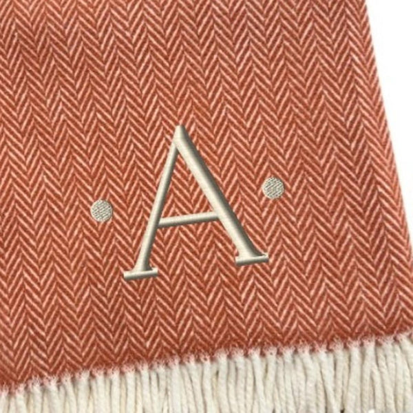 HomeRoots 55" Terra Cotta and White Herringbone Throw Blanket with Tassels, Embroidery, and Cozy Style A 680598