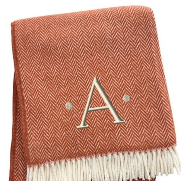 HomeRoots 55" Terra Cotta and White Herringbone Throw Blanket with Tassels, Embroidery, and Cozy Style A 680598