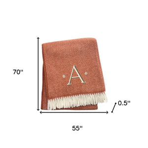 HomeRoots 55" Terra Cotta and White Herringbone Throw Blanket with Tassels, Embroidery, and Cozy Style A 680598
