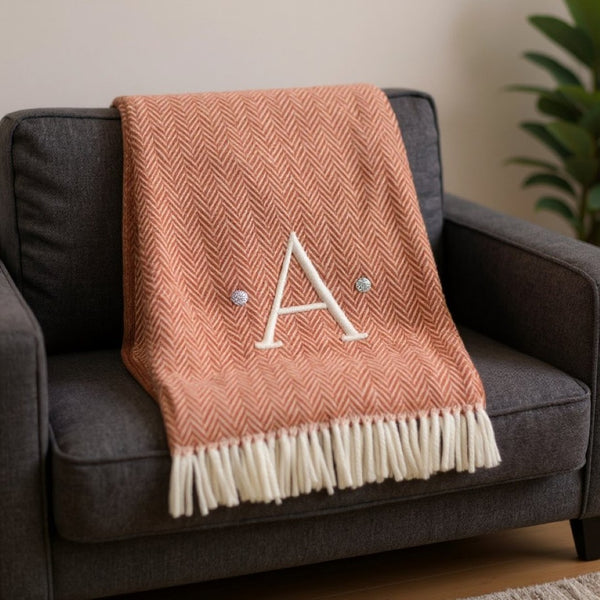 HomeRoots 55" Terra Cotta and White Herringbone Throw Blanket with Tassels, Embroidery, and Cozy Style A 680598