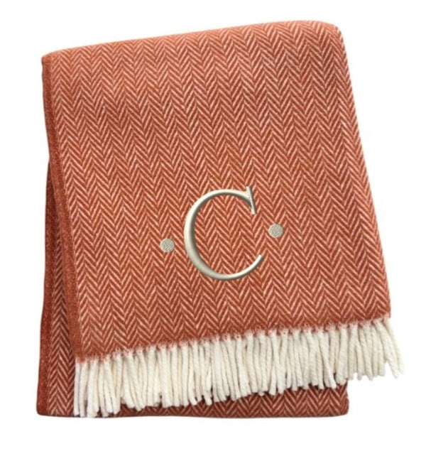 HomeRoots 55" Terra Cotta and White Herringbone Throw Blanket with Tassels, Embroidery, and Cozy Style C 680599