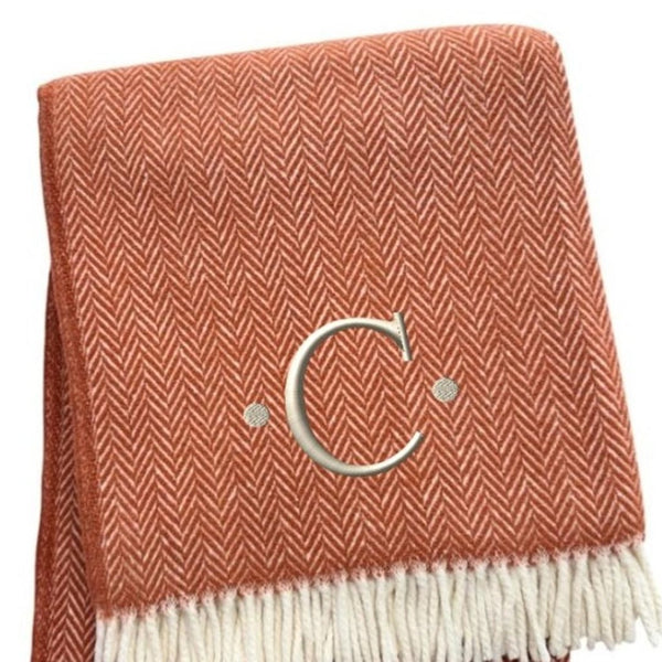 HomeRoots 55" Terra Cotta and White Herringbone Throw Blanket with Tassels, Embroidery, and Cozy Style C 680599