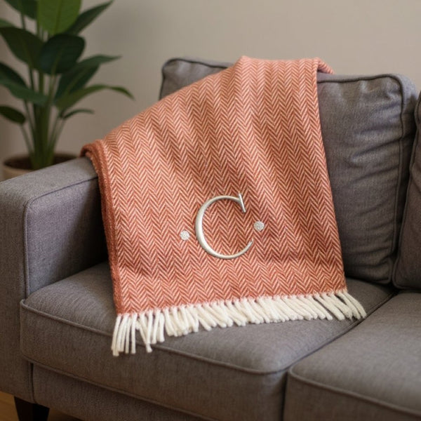 HomeRoots 55" Terra Cotta and White Herringbone Throw Blanket with Tassels, Embroidery, and Cozy Style C 680599