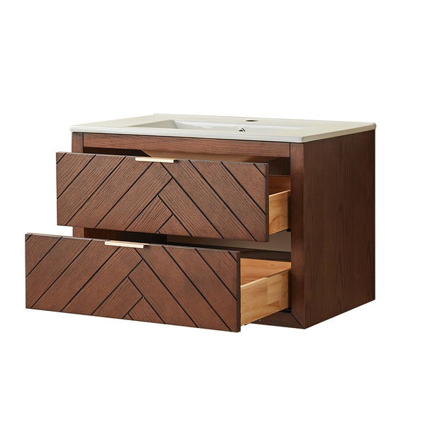 English Elm 30" Tiered Wall Mounted Floating Single Vanity with Ceramic Sink, Plywood Durable Design & Storage Space W1826P343433