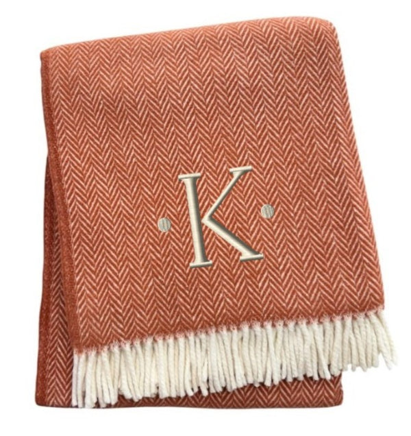 HomeRoots 55" Terra Cotta and White Herringbone Throw Blanket with Tassels, Embroidery, and Cozy Style K 680600