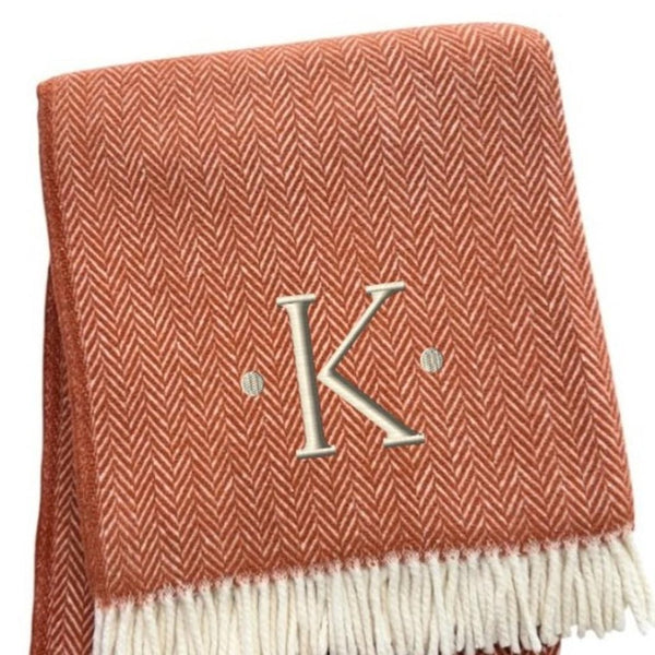 HomeRoots 55" Terra Cotta and White Herringbone Throw Blanket with Tassels, Embroidery, and Cozy Style K 680600