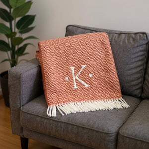 HomeRoots 55" Terra Cotta and White Herringbone Throw Blanket with Tassels, Embroidery, and Cozy Style K 680600