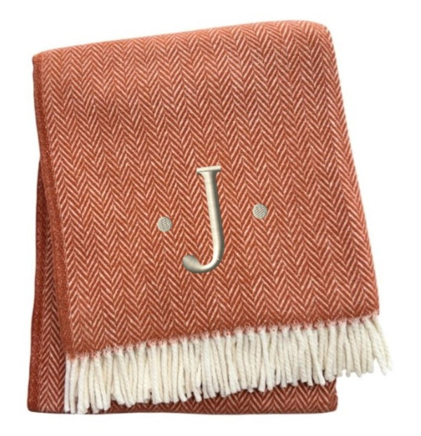 HomeRoots 55" Terra Cotta and White Herringbone Throw Blanket with Tassels, Embroidery, and Cozy Style J 680601