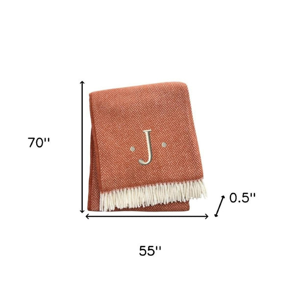 HomeRoots 55" Terra Cotta and White Herringbone Throw Blanket with Tassels, Embroidery, and Cozy Style J 680601