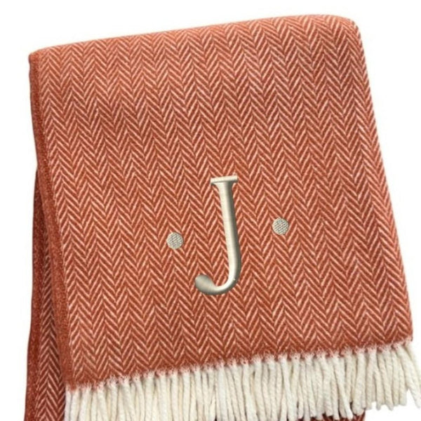 HomeRoots 55" Terra Cotta and White Herringbone Throw Blanket with Tassels, Embroidery, and Cozy Style J 680601