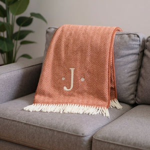 HomeRoots 55" Terra Cotta and White Herringbone Throw Blanket with Tassels, Embroidery, and Cozy Style J 680601