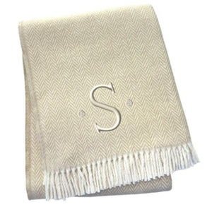 HomeRoots 55" Luxurious Herringbone Cotton Blend Throw Blanket with Personalized Initial and Tassel Trim S 680602