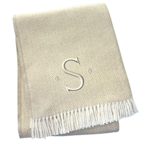HomeRoots 55" Luxurious Herringbone Cotton Blend Throw Blanket with Personalized Initial and Tassel Trim S 680602