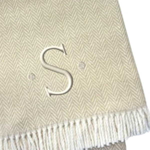 HomeRoots 55" Luxurious Herringbone Cotton Blend Throw Blanket with Personalized Initial and Tassel Trim S 680602
