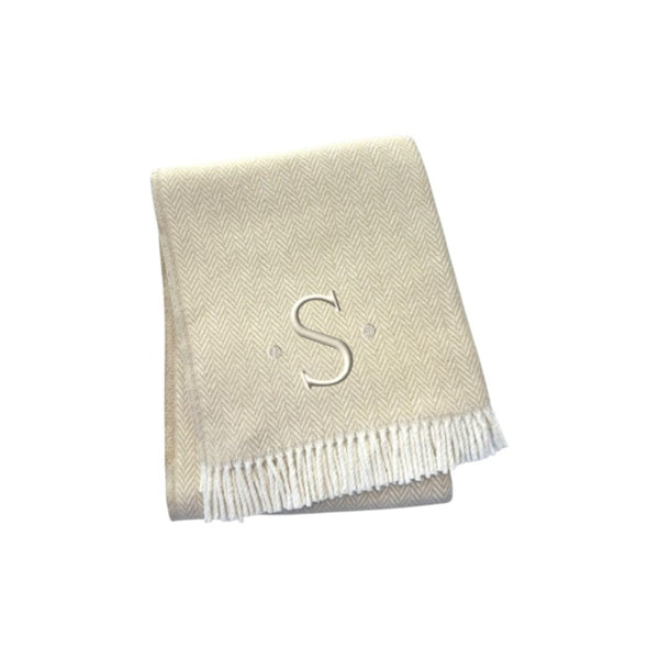 HomeRoots 55" Luxurious Herringbone Cotton Blend Throw Blanket with Personalized Initial and Tassel Trim S 680602