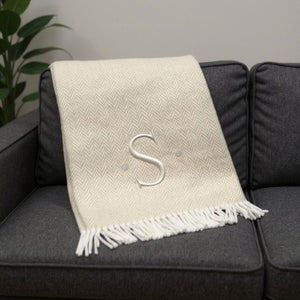 HomeRoots 55" Luxurious Herringbone Cotton Blend Throw Blanket with Personalized Initial and Tassel Trim S 680602