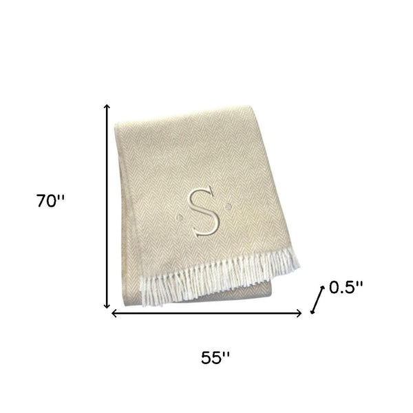 HomeRoots 55" Luxurious Herringbone Cotton Blend Throw Blanket with Personalized Initial and Tassel Trim S 680602