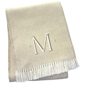 HomeRoots 55" Luxurious Herringbone Cotton Blend Throw Blanket with Personalized Initial and Tassel Trim M 680603