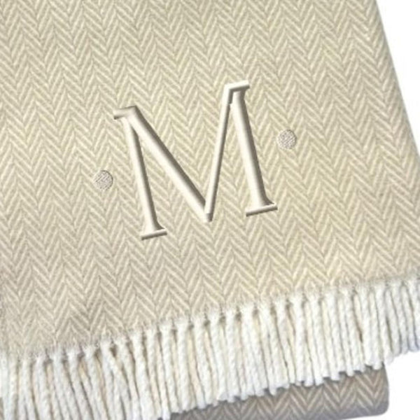 HomeRoots 55" Luxurious Herringbone Cotton Blend Throw Blanket with Personalized Initial and Tassel Trim M 680603