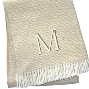 HomeRoots 55" Luxurious Herringbone Cotton Blend Throw Blanket with Personalized Initial and Tassel Trim M 680603