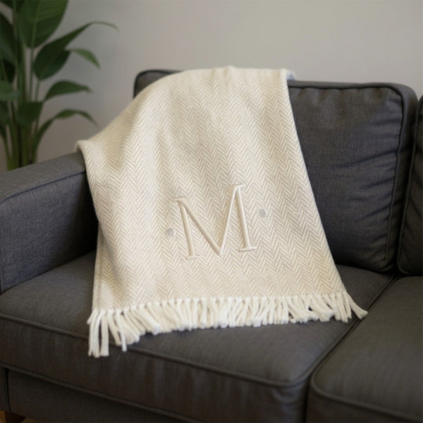 HomeRoots 55" Luxurious Herringbone Cotton Blend Throw Blanket with Personalized Initial and Tassel Trim M 680603
