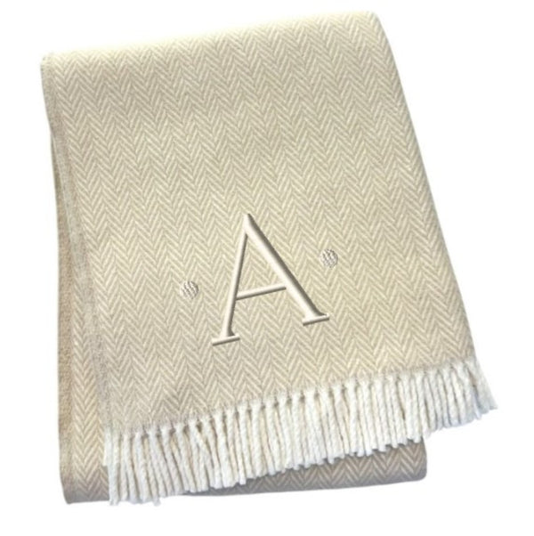 HomeRoots 55" Luxurious Herringbone Cotton Blend Throw Blanket with Personalized Initial and Tassel Trim A 680604