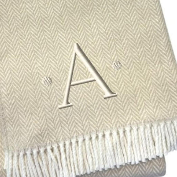 HomeRoots 55" Luxurious Herringbone Cotton Blend Throw Blanket with Personalized Initial and Tassel Trim A 680604