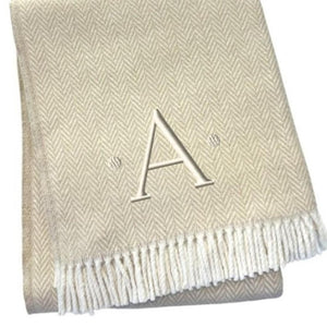 HomeRoots 55" Luxurious Herringbone Cotton Blend Throw Blanket with Personalized Initial and Tassel Trim A 680604