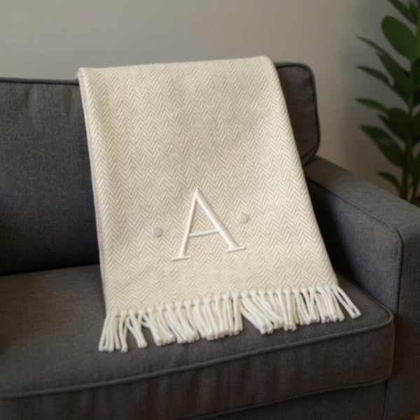HomeRoots 55" Luxurious Herringbone Cotton Blend Throw Blanket with Personalized Initial and Tassel Trim A 680604