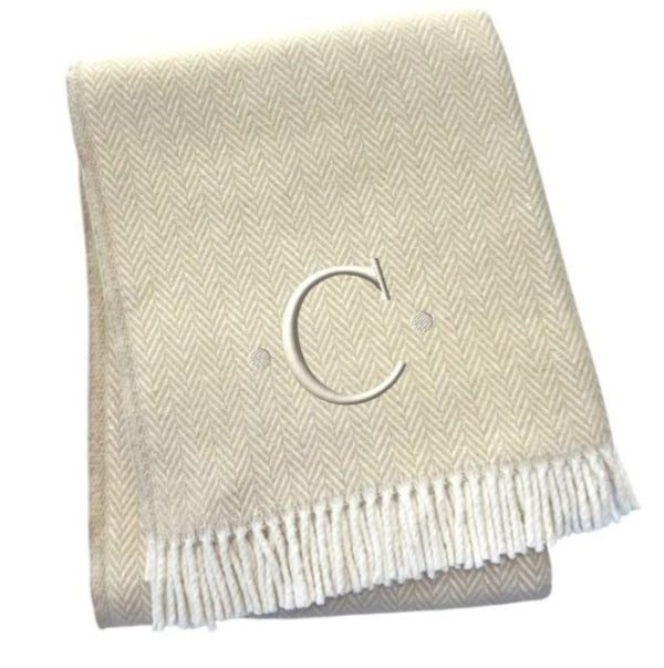 HomeRoots 55" Luxurious Herringbone Cotton Blend Throw Blanket with Personalized Initial and Tassel Trim C 680605