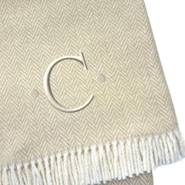 HomeRoots 55" Luxurious Herringbone Cotton Blend Throw Blanket with Personalized Initial and Tassel Trim C 680605