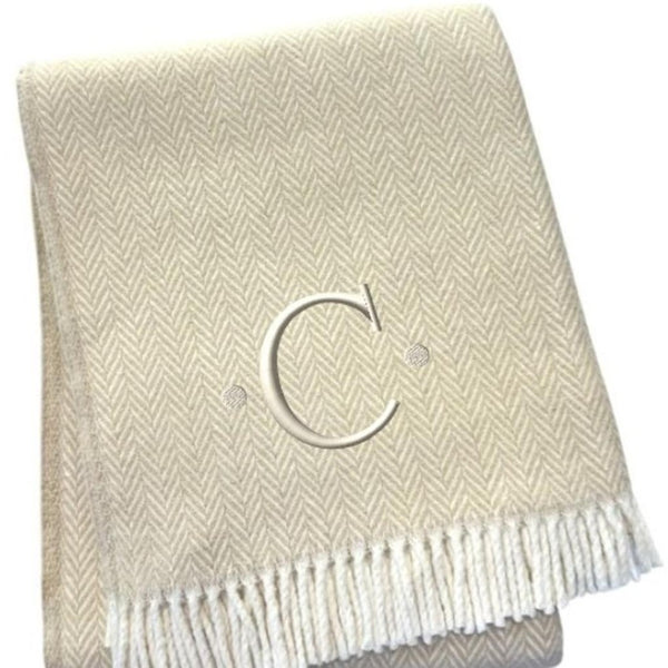 HomeRoots 55" Luxurious Herringbone Cotton Blend Throw Blanket with Personalized Initial and Tassel Trim C 680605