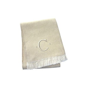 HomeRoots 55" Luxurious Herringbone Cotton Blend Throw Blanket with Personalized Initial and Tassel Trim C 680605