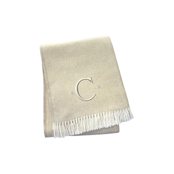 HomeRoots 55" Luxurious Herringbone Cotton Blend Throw Blanket with Personalized Initial and Tassel Trim C 680605