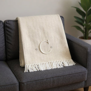 HomeRoots 55" Luxurious Herringbone Cotton Blend Throw Blanket with Personalized Initial and Tassel Trim C 680605