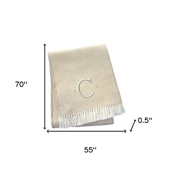 HomeRoots 55" Luxurious Herringbone Cotton Blend Throw Blanket with Personalized Initial and Tassel Trim C 680605