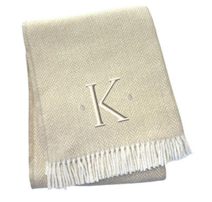HomeRoots 55" Luxurious Herringbone Cotton Blend Throw Blanket with Personalized Initial and Tassel Trim K 680606