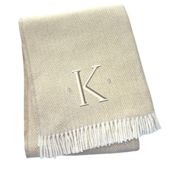 HomeRoots 55" Luxurious Herringbone Cotton Blend Throw Blanket with Personalized Initial and Tassel Trim K 680606