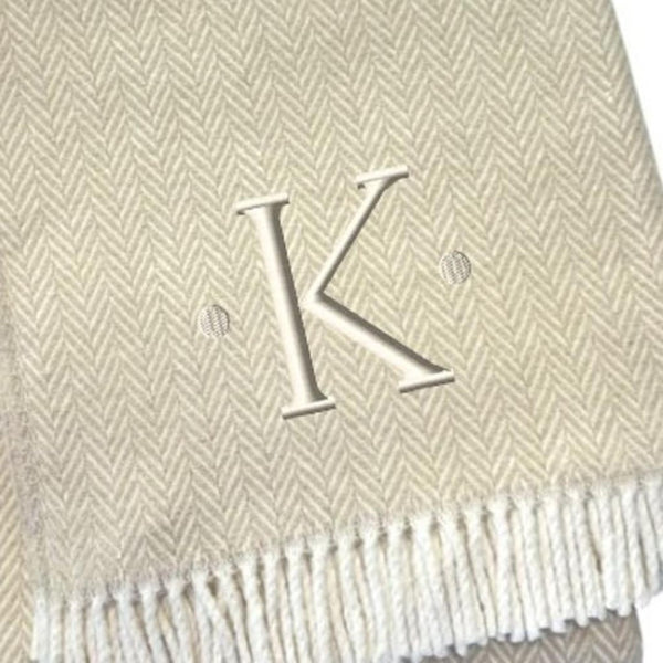 HomeRoots 55" Luxurious Herringbone Cotton Blend Throw Blanket with Personalized Initial and Tassel Trim K 680606