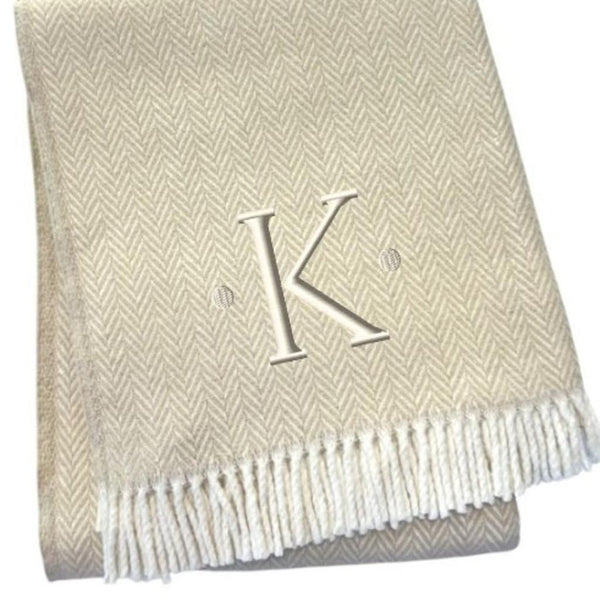 HomeRoots 55" Luxurious Herringbone Cotton Blend Throw Blanket with Personalized Initial and Tassel Trim K 680606