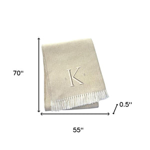 HomeRoots 55" Luxurious Herringbone Cotton Blend Throw Blanket with Personalized Initial and Tassel Trim K 680606