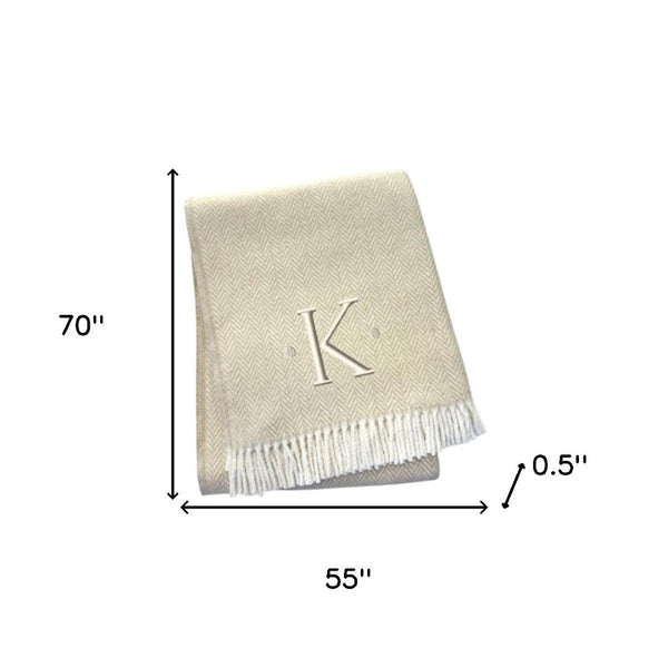 HomeRoots 55" Luxurious Herringbone Cotton Blend Throw Blanket with Personalized Initial and Tassel Trim K 680606