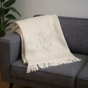 HomeRoots 55" Luxurious Herringbone Cotton Blend Throw Blanket with Personalized Initial and Tassel Trim K 680606