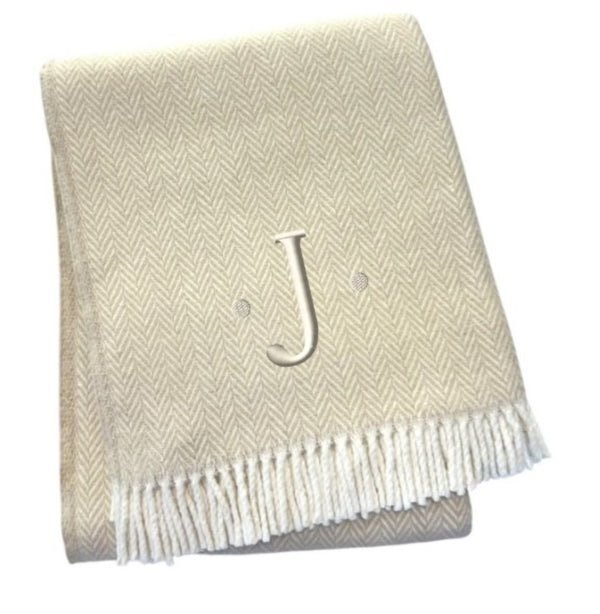 HomeRoots 55" Luxurious Herringbone Cotton Blend Throw Blanket with Personalized Initial and Tassel Trim J 680607