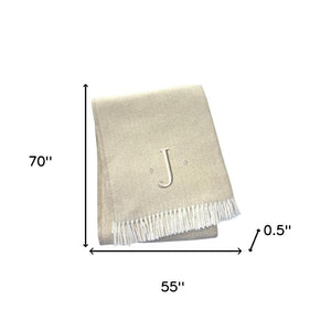 HomeRoots 55" Luxurious Herringbone Cotton Blend Throw Blanket with Personalized Initial and Tassel Trim J 680607