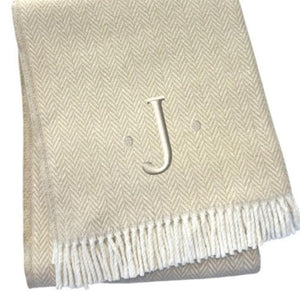 HomeRoots 55" Luxurious Herringbone Cotton Blend Throw Blanket with Personalized Initial and Tassel Trim J 680607