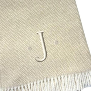 HomeRoots 55" Luxurious Herringbone Cotton Blend Throw Blanket with Personalized Initial and Tassel Trim J 680607