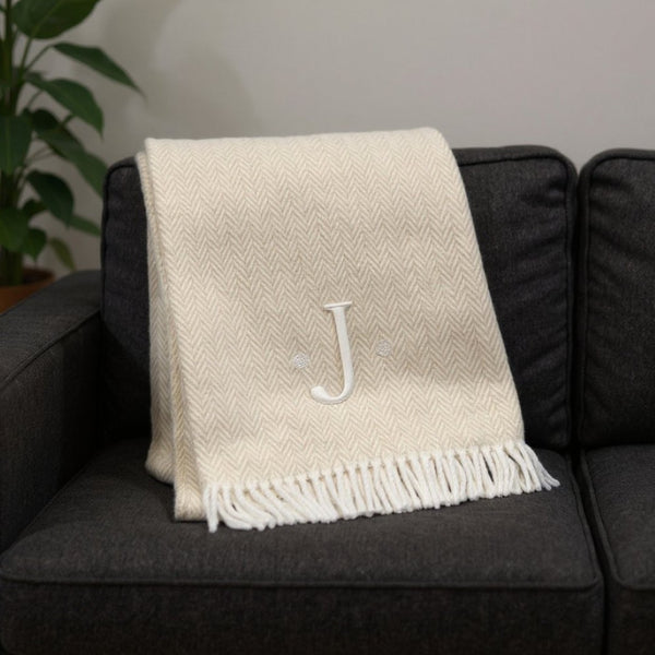 HomeRoots 55" Luxurious Herringbone Cotton Blend Throw Blanket with Personalized Initial and Tassel Trim J 680607