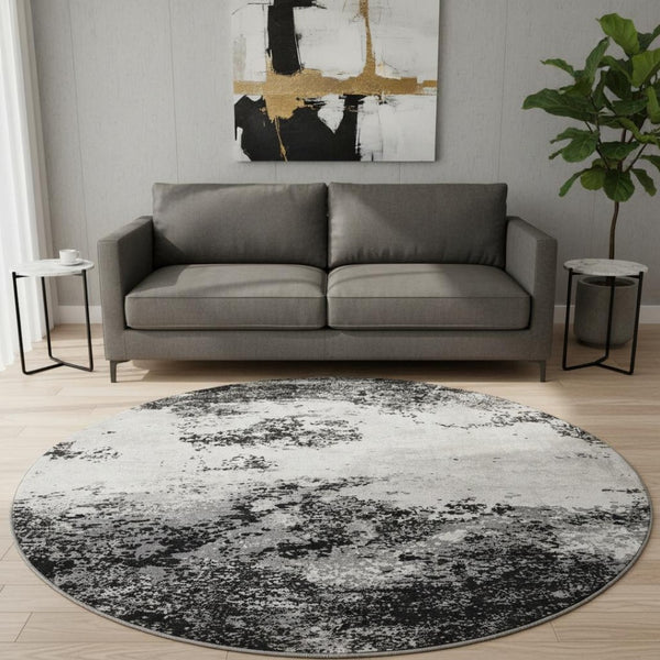 HomeRoots 8' Abstract Round Rug in Black, Gray & Silver - Washable, UV Protected, Stylish & Durable Design 680612