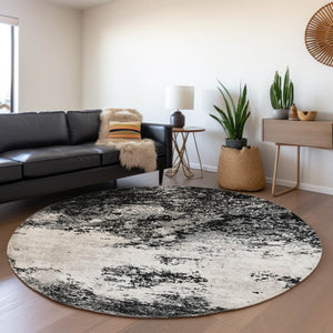 HomeRoots 8' Abstract Round Rug in Black, Gray & Silver - Washable, UV Protected, Stylish & Durable Design 680612